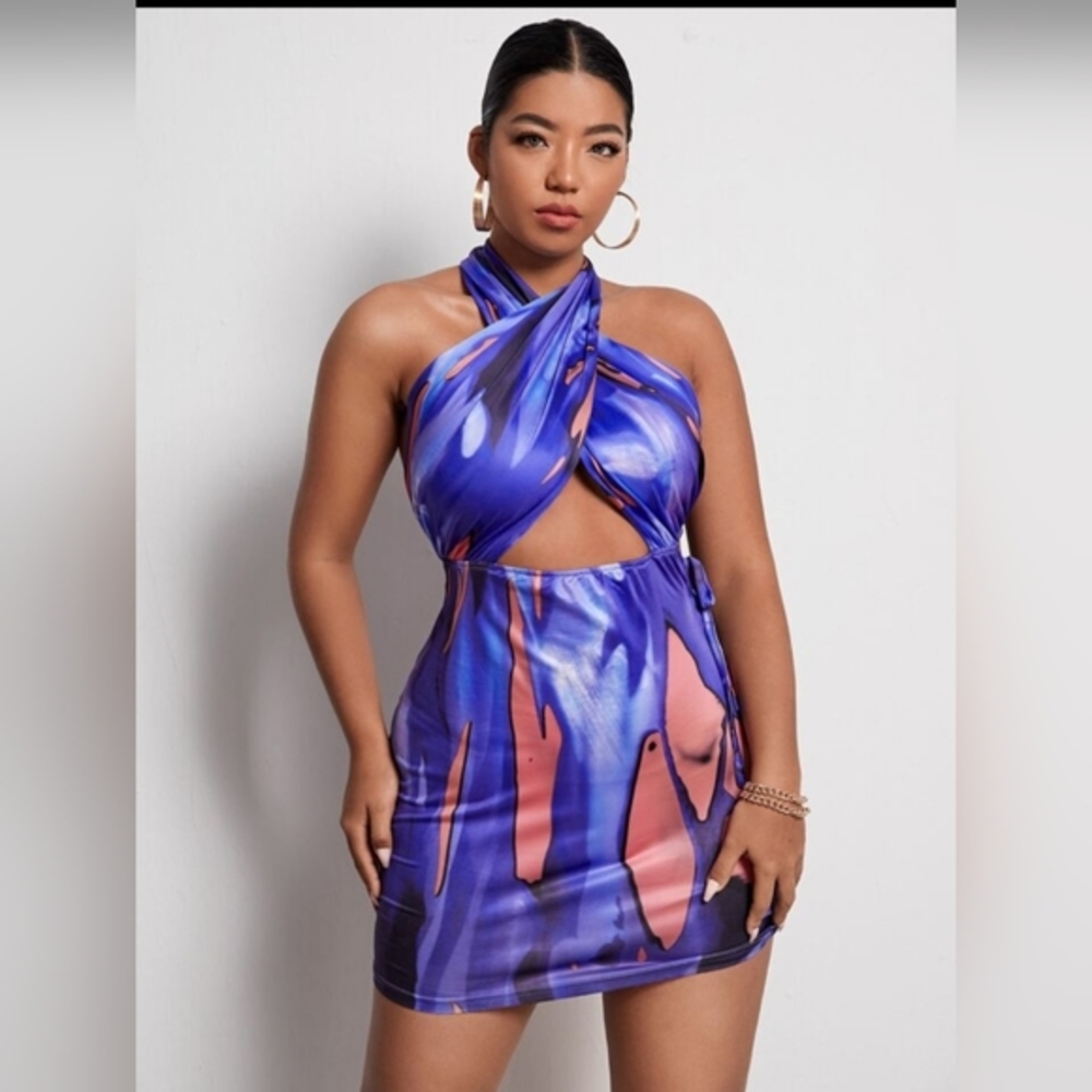 SHEIN CURVE size2XL Open Back Color Block Wrap Around Party Dress Purple & Coral